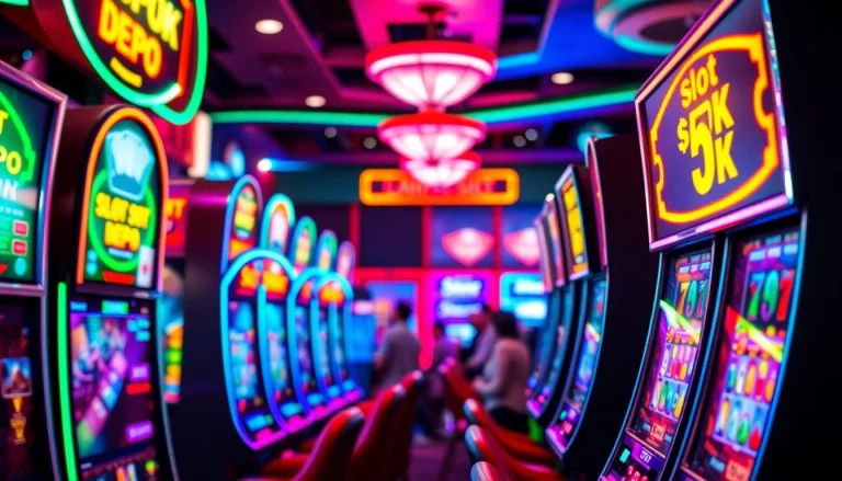 Permainan slot depo 5k menampilkan mesin slot berwarna cerah dan suasana kasino yang mengasyikkan.