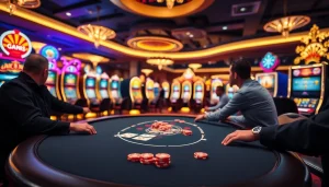 Experience the thrill of online gambling at https://topclub.site/ with vibrant casino visuals featuring poker games and slot machines.