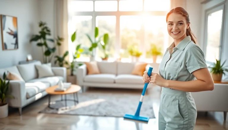Engaging cleaning service demonstrating professional cleaning techniques in a vibrant living room.