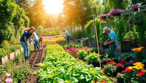 Gardening enthusiasts cultivating vibrant plants in a community garden.