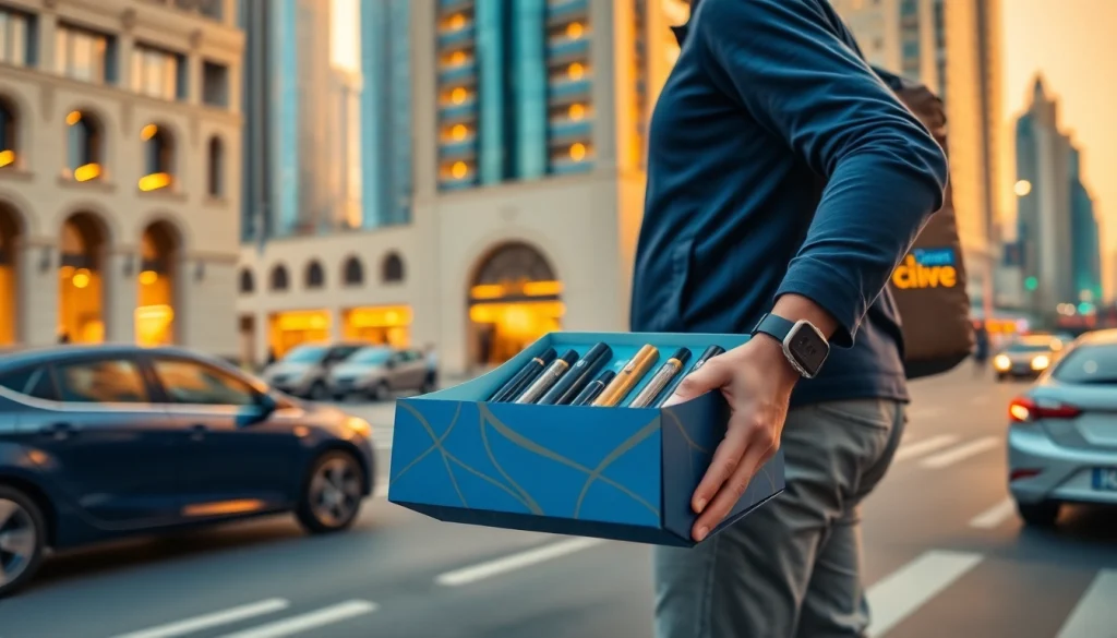 Experience fast and reliable same day vape delivery Dubai with a professional courier in vibrant settings.