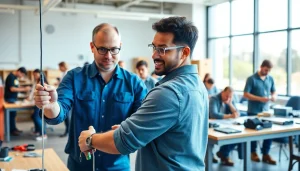 Students actively learning at trade schools in southern California through hands-on training in a vibrant classroom.