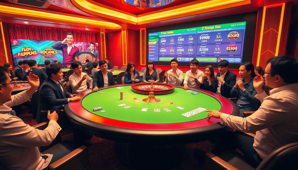 Exciting gaming scene featuring Trang chủ Go99 with poker tables and vibrant casino elements.