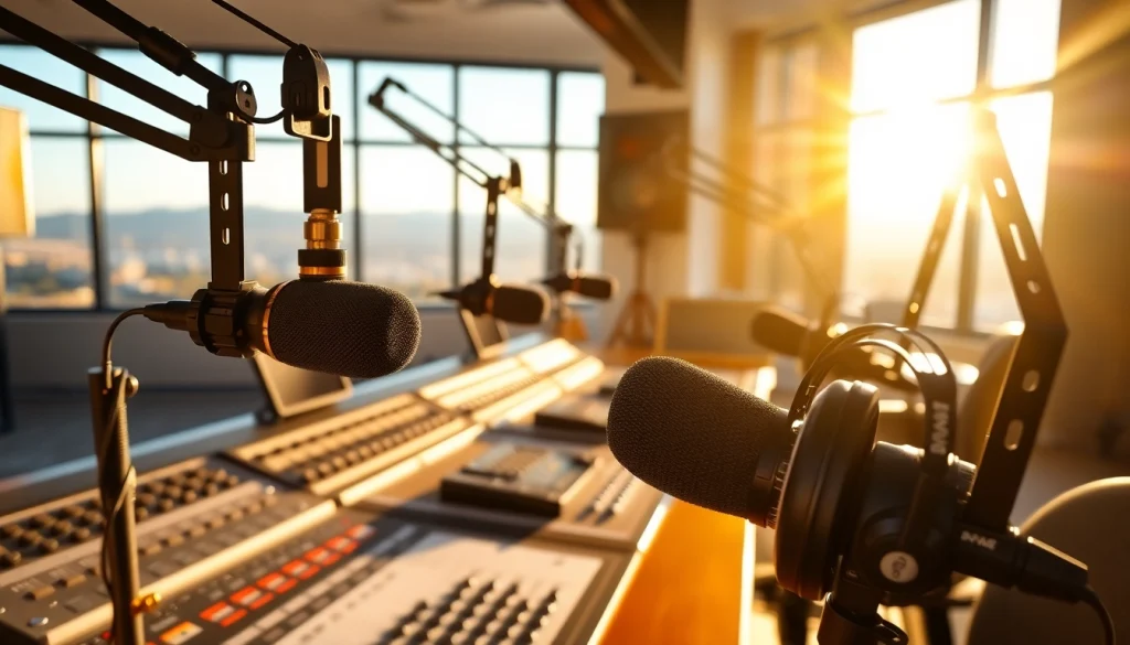 Listen to local news on hometownstation.com in a vibrant broadcasting studio setting.