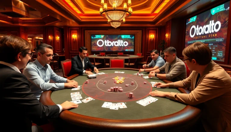 Pemain menikmati permainan poker yang intens sambil menjelajahi pengalaman bermain obraltoto dalam suasana kasino yang elegan.