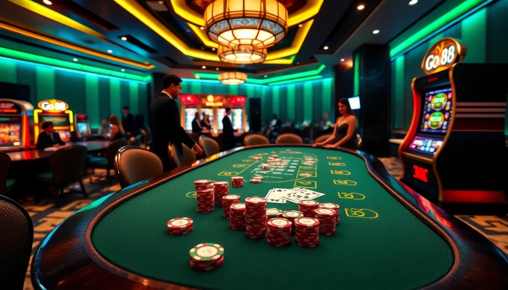 Experience the luxury of gambling at "go 88" with vibrant casino tables and lively dealers.