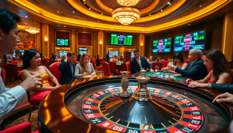 Experience thrilling V9 bet action at a luxury casino filled with vibrant roulette and excited players.