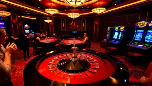 Exciting casino scene with roulette and poker, featuring giaimanhacai.news.