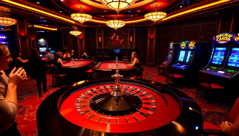 Exciting casino scene with roulette and poker, featuring giaimanhacai.news.