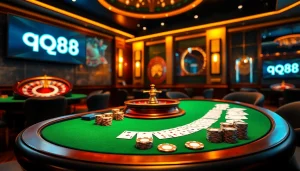 Engage with the thrill of online gaming at QQ88 là gì with vibrant casino tables and poker chips.