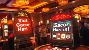 Experience the thrill of Slot Gacor Hari ini in a luxurious casino scene with excited players and vibrant machines.