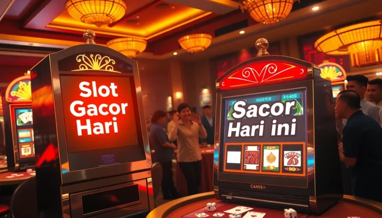 Experience the thrill of Slot Gacor Hari ini in a luxurious casino scene with excited players and vibrant machines.