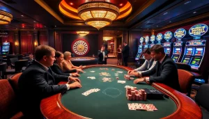 Experience the thrill of winning at https://kkwin.diy/ in a vibrant casino scene featuring poker tables and slots.