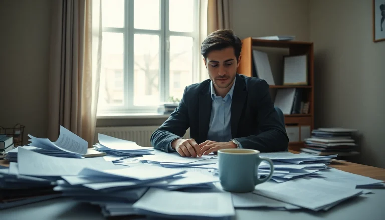 Overwhelmed individual symbolizes brain fog amid cluttered surroundings, showcasing concentration struggles.