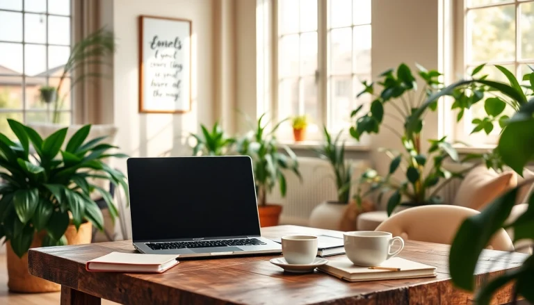 A vibrant view of a cozy workspace for a UK Lifestyle Blog, showcasing a laptop and decor to inspire readers.