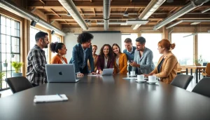 Business team collaborating in a modern workspace with a focus on teamwork and innovation.
