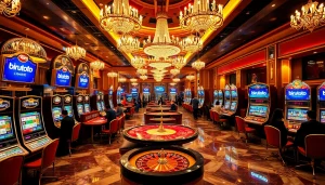Birutoto players enjoying vibrant slot machines and thrilling roulette tables in a luxury casino.