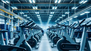 Exercise bike manufacturer production line showcasing workers assembling high-quality bikes.