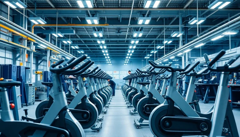 Exercise bike manufacturer production line showcasing workers assembling high-quality bikes.