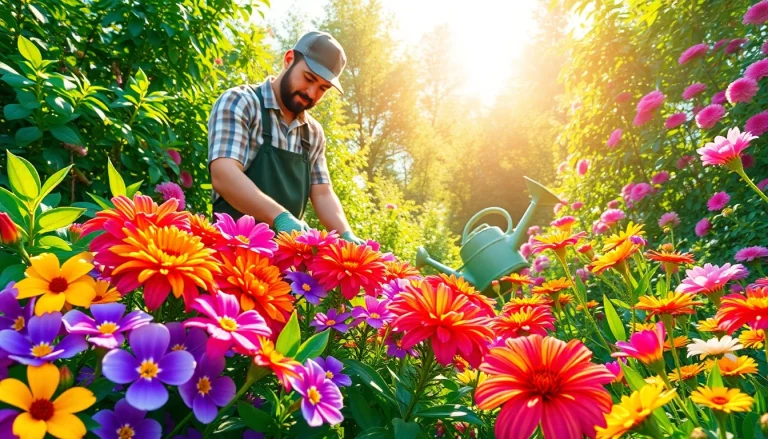 Gardening enthusiast nurturing a flower garden under bright sunlight.