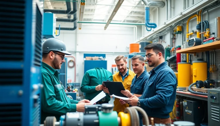 hvac dealers engaging in teamwork within a modern workshop, showcasing professional expertise.