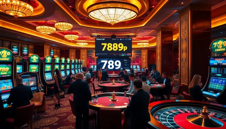 Exciting scene of gambling at nhà cái 789p with elegant players and vibrant casino tables.