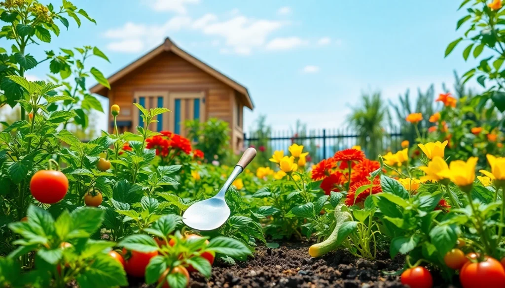 Gardening in a vibrant vegetable garden showcasing colorful plants and fresh produce.