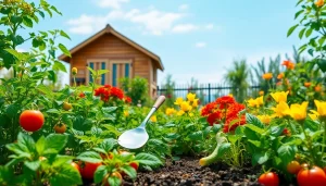 Gardening in a vibrant vegetable garden showcasing colorful plants and fresh produce.