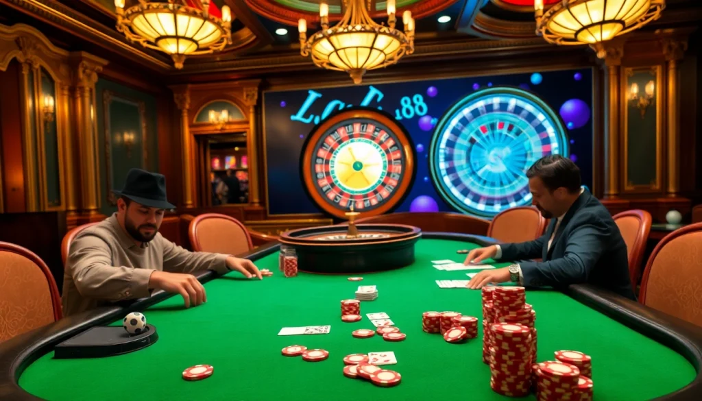 Players enjoying a high-stakes poker game at a luxurious casino table with lc 88 branding.
