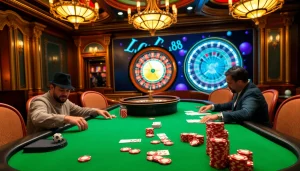 Players enjoying a high-stakes poker game at a luxurious casino table with lc 88 branding.