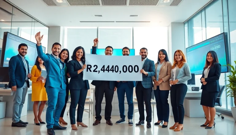 BOX138 professionals celebrating a successful withdrawal of Rp 2.424.000,00 in a modern office.