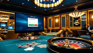 Engaging scene of gamers using 9Dbet Login on a luxurious casino interface with vibrant poker chips.
