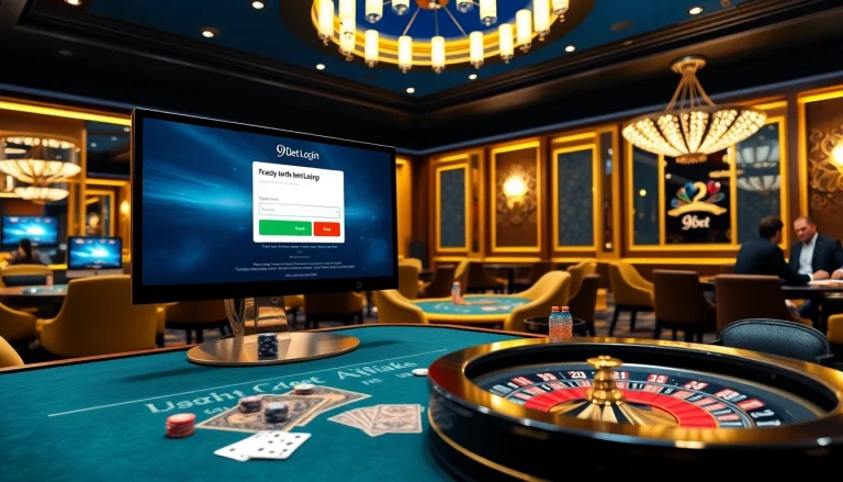Engaging scene of gamers using 9Dbet Login on a luxurious casino interface with vibrant poker chips.