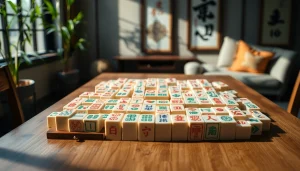 Permainan mahjong yang diatur rapi di meja kayu dengan pencahayaan alami