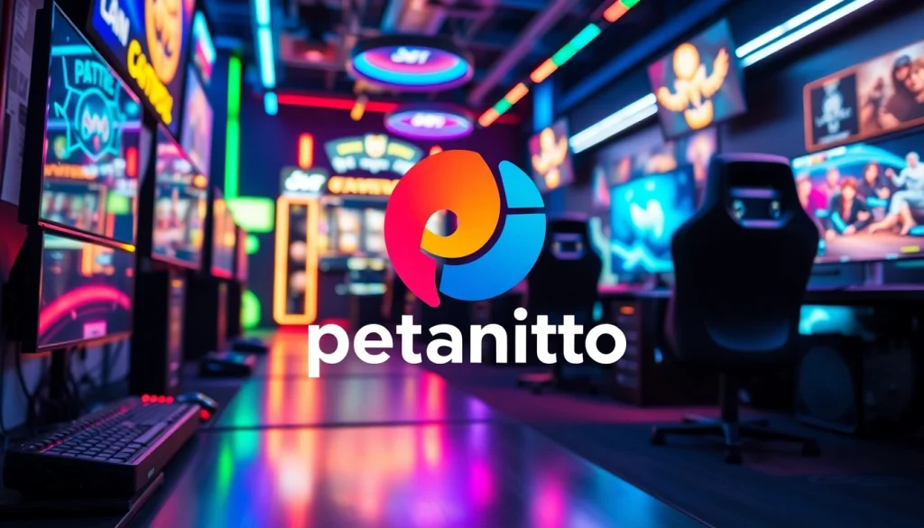 Menghadirkan suasana gaming petanitoto yang menarik dengan logo dan peralatan modern dalam pencahayaan dinamis.