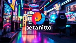 Menghadirkan suasana gaming petanitoto yang menarik dengan logo dan peralatan modern dalam pencahayaan dinamis.