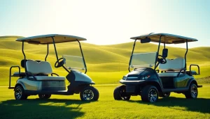Epic golf cart reviews showcasing distinct features of different models on a sunny golf course.
