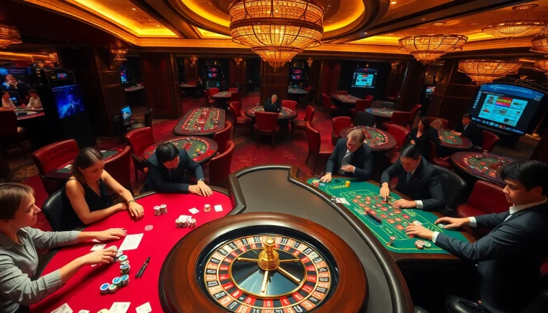 Players enjoying a thrilling game experience at nhà cái 789p casino, surrounded by vibrant tables and roulette wheels.