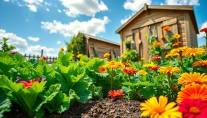 Gardening scene showcasing a vibrant vegetable garden filled with diverse plants and flowers.