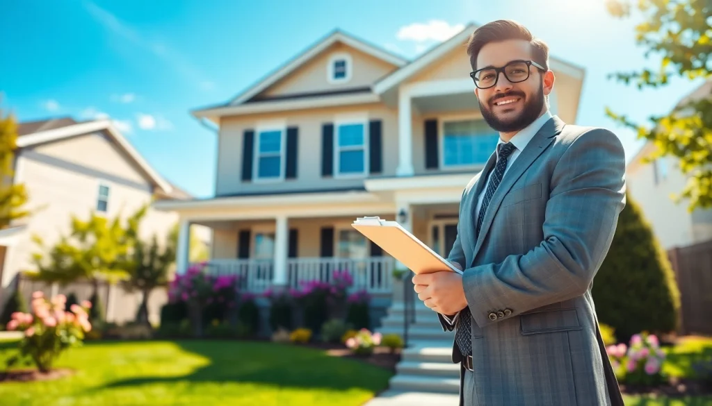 Real Estate agent presenting a home in a sunny neighborhood with a welcoming atmosphere.