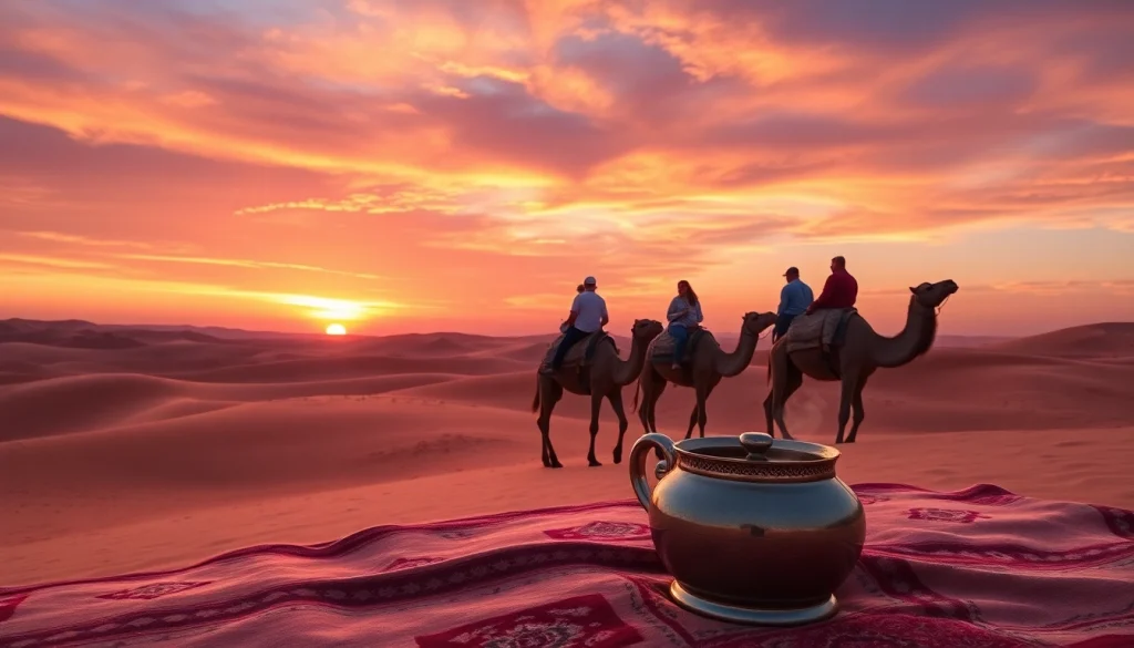 Agafay Desert camel ride at sunset with vibrant skies and a Berber tent.