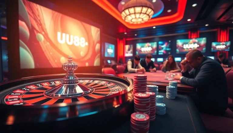 Experience thrilling gameplay at uu88, showcasing a roulette wheel and stacked poker chips in a luxurious casino setting.