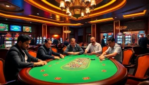Players engaging in poker at a luxurious casino, highlighting TẢI AF88 for online gaming.