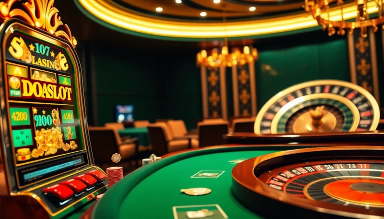 Experience the thrill of DOASLOT gaming at a luxurious casino with vibrant slot machines and poker tables.
