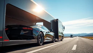 Secure your vehicle with https://luxuryautocarriers.com, featuring a luxury auto transport carrier transporting a sleek sports car.