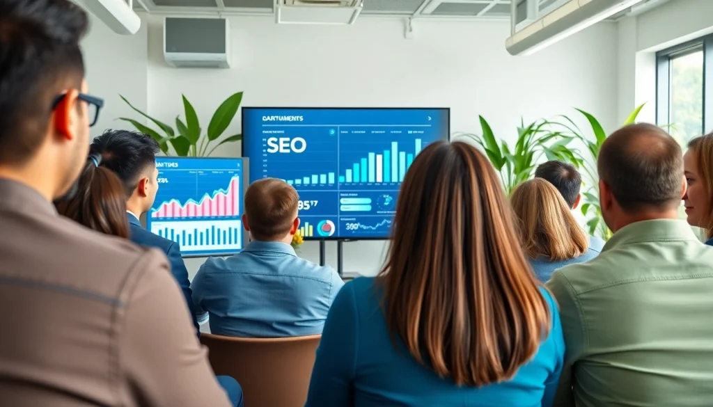 Engaged group discussing SEO strategies during a marketing seminar in a modern office setting.
