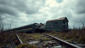 Derailment scene featuring a derailed train amidst vegetation, showcasing urgency and safety concerns.