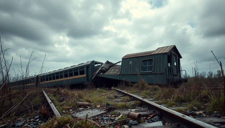 Derailment scene featuring a derailed train amidst vegetation, showcasing urgency and safety concerns.