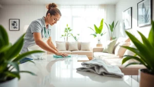 Enhance your home with a professional Cleaning service, showing a cleaner in action and a bright interior.