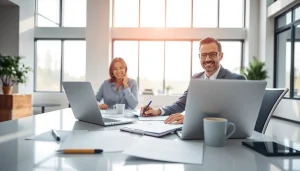 Insurance Claims Help: Professional advisor assisting clients with their insurance claims in a bright office.